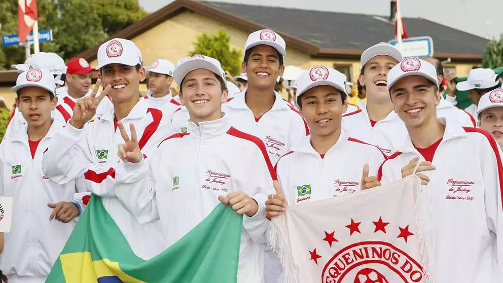 A Brazilian teenage boys football team pose for the camera at the Dana Cup.