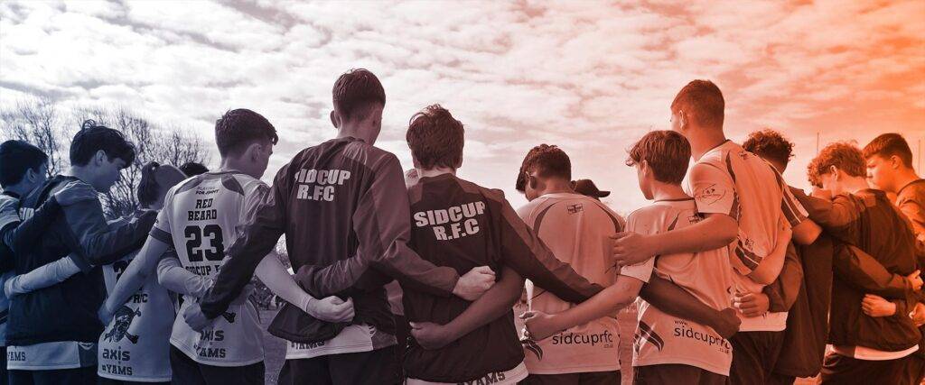 Sport team link arms behind each other's backs.