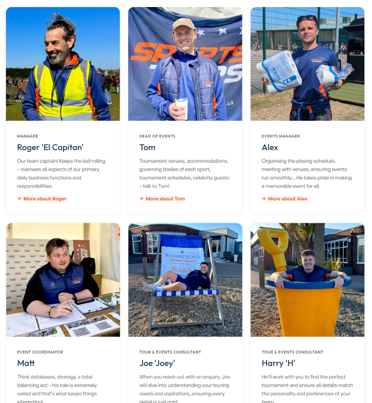A grid of Meet The Team image cards