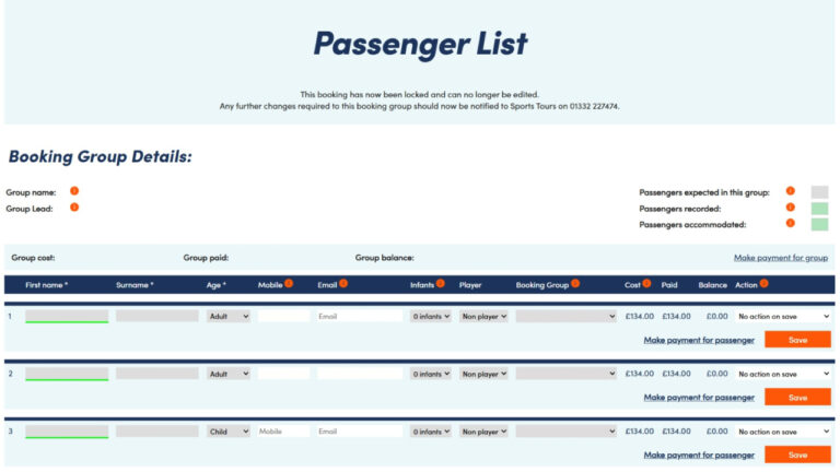 Screenshot of the Sports Tours Online Booking Portal