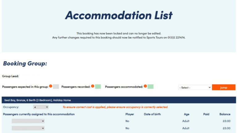 Screenshot of the Sports Tours Online Booking Portal