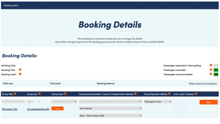 Screenshot of the Sports Tours Online Booking Portal