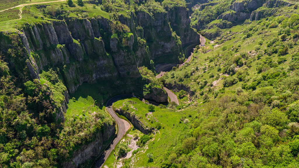 An aerial view over Cheddar Gorge